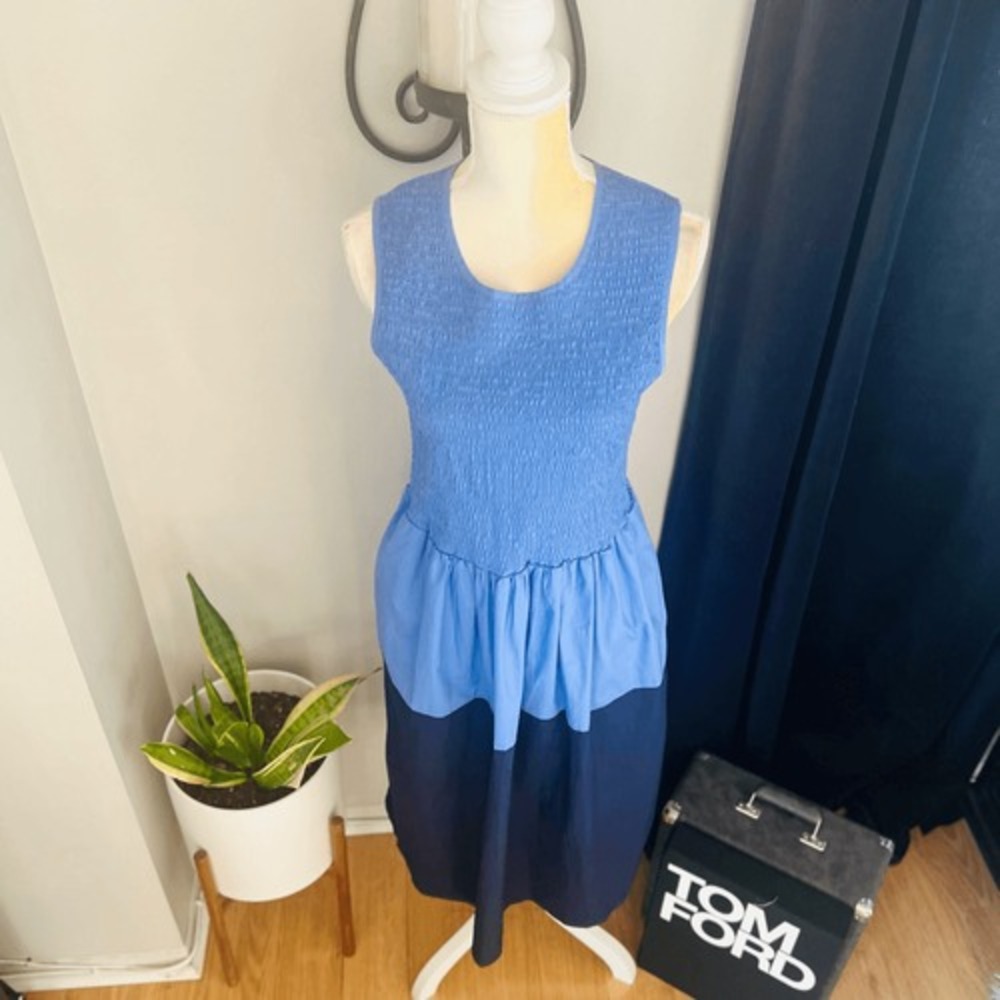 FRENCH CONNECTION Rhodes‎ Colorblock Smocked Poplin Dress, Size 8, Blue, NWT